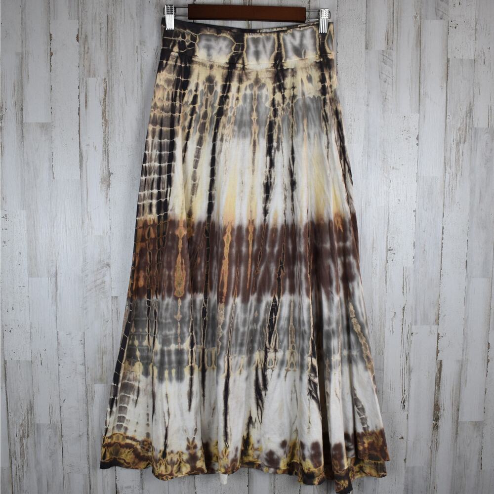 Y2K Tryst Tie Dye Maxi Skirt Women's Small Brown Cotton Knit Hippie Boho Vintage